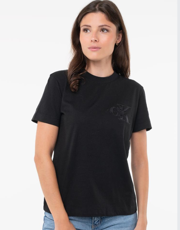 Calvin Klein Satin Applique Regular Tee Blk Womens