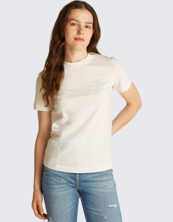 Calvin Klein Satin Applique Regular T-Shirt Ivory Womens