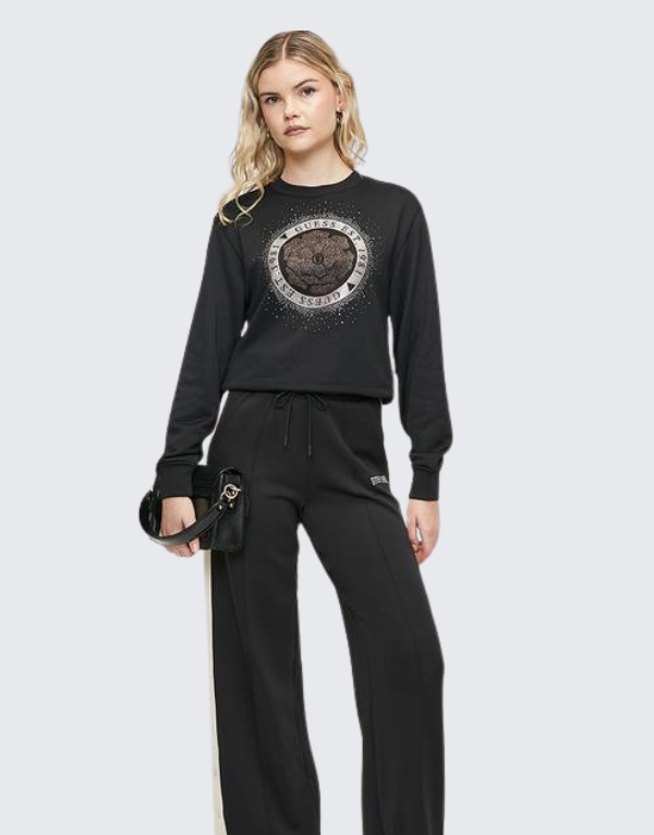 Guess Ladies Crew Neck Peony Logo Sweater In Black Women
