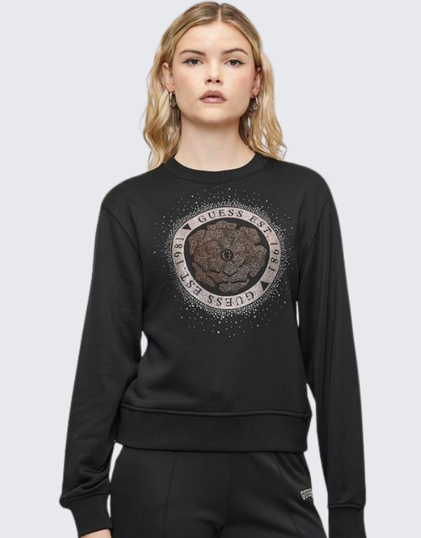 Guess Ladies Crew Neck Peony Logo Sweater In Black Women