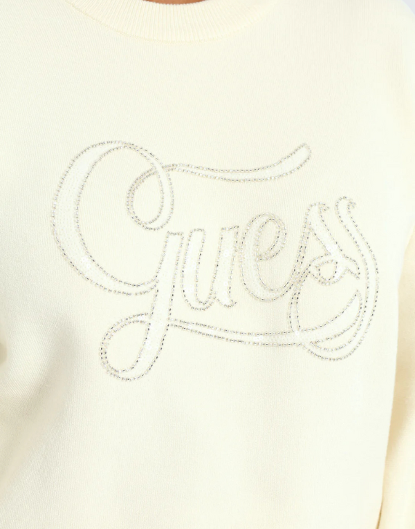 Guess Ladies Laura Logo Round Neck Sweater In Cream Women