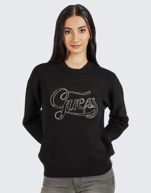Guess Ladies Laura Logo Sweater In Black