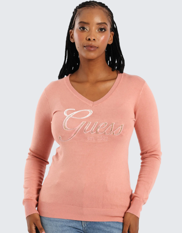 Guess Ladies Megan Logo Sweater In Dark Pink
