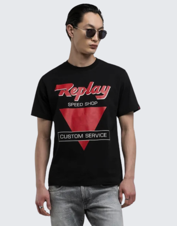 Replay Black T-Shirt Red Front Print Men