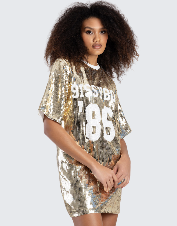 Sissy Boy Boxy Sequin Logo Dress In Italian Gold Womens