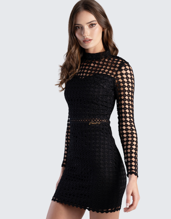 Sissy Boy High Neck Crochet Dress In Black Womens