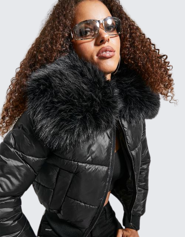 Sissy Boy Puffer Jacket With Fur Collar In Black Women