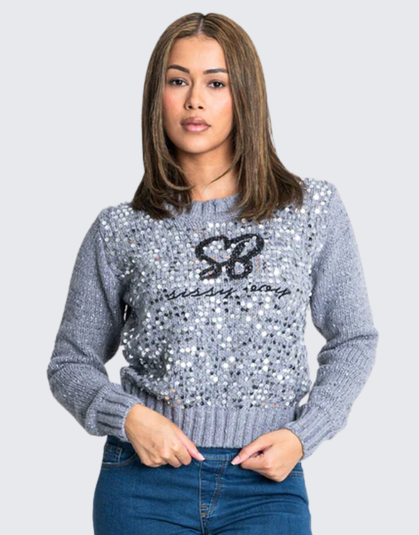 Sissy Boy Sequin Logo Sweater In Grey Melange Womens