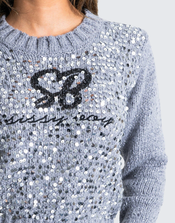 Sissy Boy Sequin Logo Sweater In Grey Melange Womens