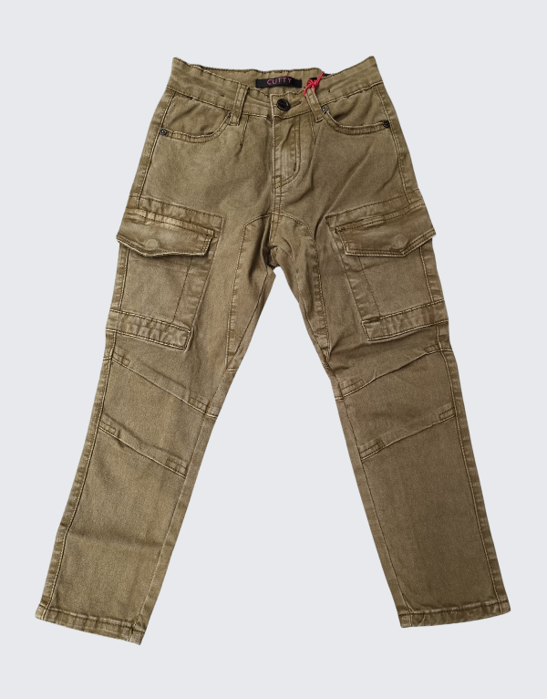 Cutty Boys Rain Cargo Denim Jeans In Fatigue Green Kids