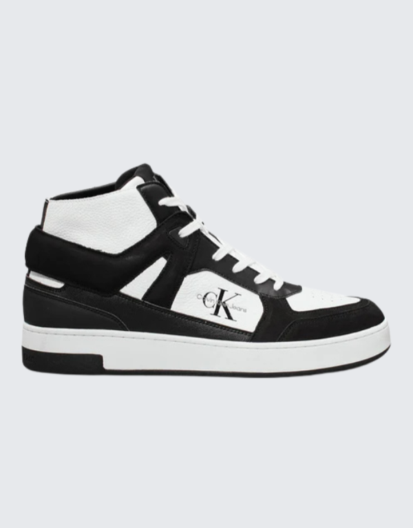 Calvin Klein Basket Cup Mid Lace-Up Sneakers In Authentic Black And White Mens