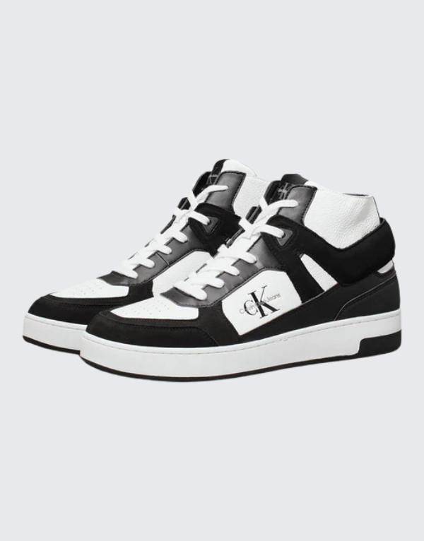 Calvin Klein Basket Cup Mid Lace-Up Sneakers In Authentic Black And White Mens