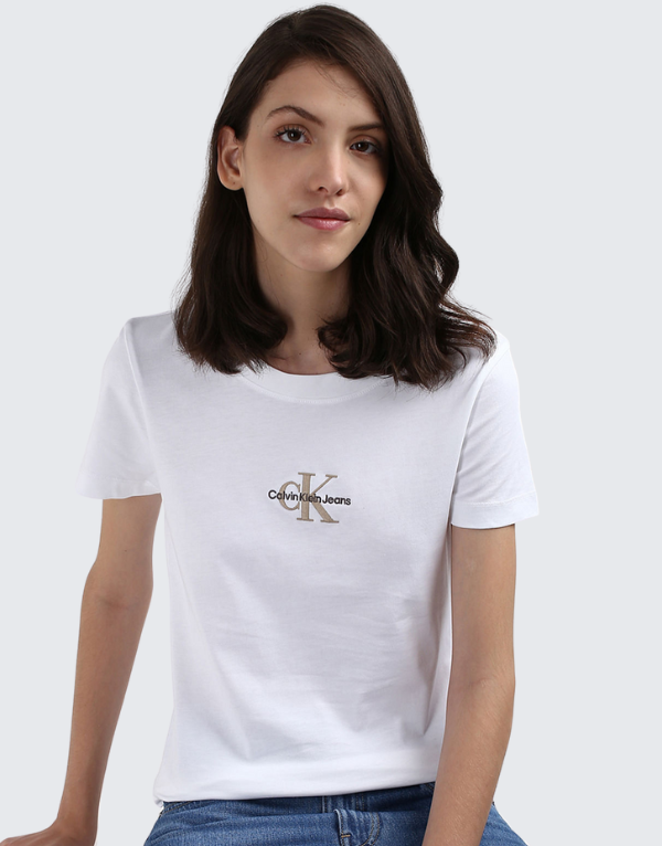 Calvin Klein Mono Logo Slim Fit T-Shirt In White Womens