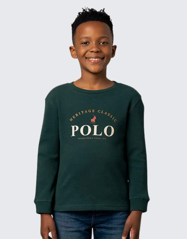 Polo Boys Patrick Text Long Sleeve T-Shirt In Forest Green Kids
