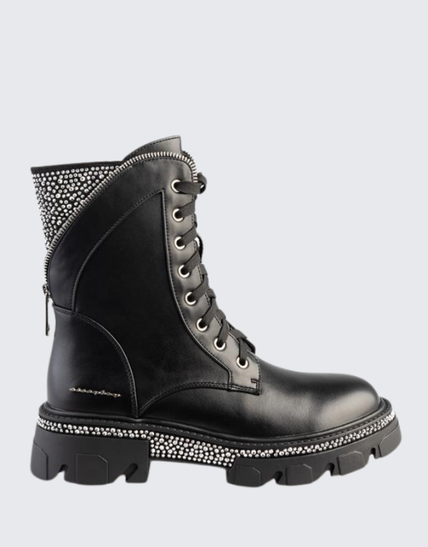 Sissy Boy Lace-Up Diamante Boots In Black Womens