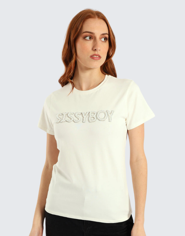 Sissy Boy Regular Fit Pearl Short Sleeve T-Shirt In Off White Women